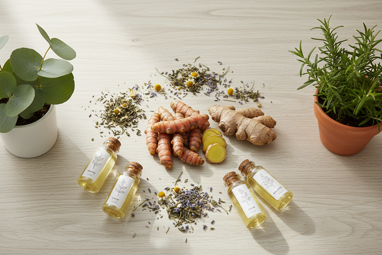 Create a high-quality hero image for the homepage of an online Shopify store called “Natur Frisk” that sells natural health and wellness products. The image should feel bright, clean, modern, and trustworthy, with a strong focus on natural ingredients such as turmeric, ginger, herbal teas, essential oils, and green plants. Arrange the products elegantly on a light wooden surface with soft natural daylight, minimal shadows, and a calm, fresh atmosphere. Use a minimalist, premium Scandinavian design style wit