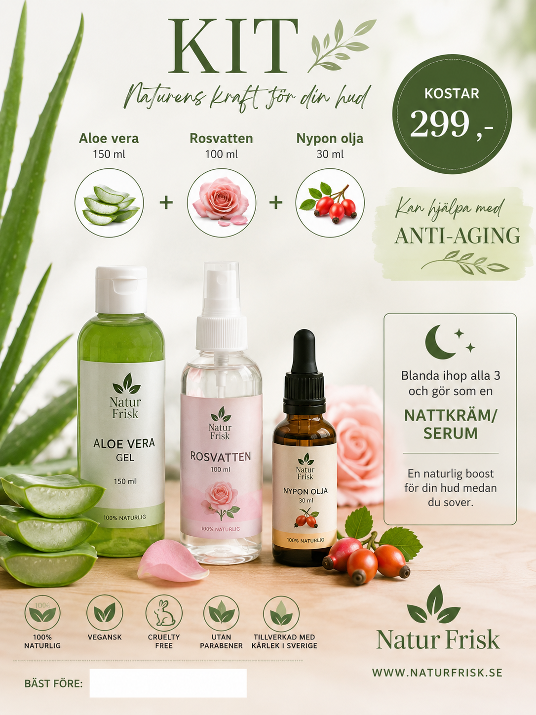 Anti-Aging Kit – Aloe Vera Gel, Rosvatten & Nypon Olja